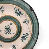 Large Early Green and White Hand-painted Faience Platter with Staple Repair and Tin Strap Hanger