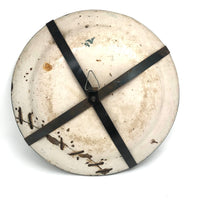 Large Early Green and White Hand-painted Faience Platter with Staple Repair and Tin Strap Hanger