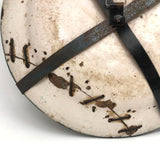 Large Early Green and White Hand-painted Faience Platter with Staple Repair and Tin Strap Hanger