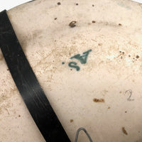 Large Early Green and White Hand-painted Faience Platter with Staple Repair and Tin Strap Hanger