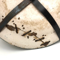 Large Early Green and White Hand-painted Faience Platter with Staple Repair and Tin Strap Hanger