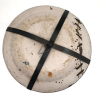 Large Early Green and White Hand-painted Faience Platter with Staple Repair and Tin Strap Hanger
