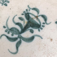 Large Early Green and White Hand-painted Faience Platter with Staple Repair and Tin Strap Hanger
