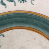 Large Early Green and White Hand-painted Faience Platter with Staple Repair and Tin Strap Hanger