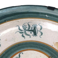 Large Early Green and White Hand-painted Faience Platter with Staple Repair and Tin Strap Hanger