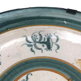 Large Early Green and White Hand-painted Faience Platter with Staple Repair and Tin Strap Hanger