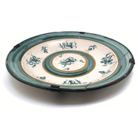 Large Early Green and White Hand-painted Faience Platter with Staple Repair and Tin Strap Hanger