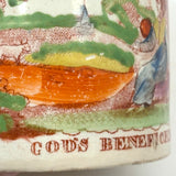 God's Beneficence: C. 1810-20 English Creamware Child's Mug, Transfer Decorated with Hand-Painting and Pink Luster Rim