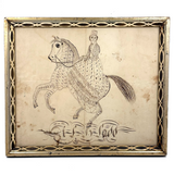 Very Exuberant Markmaking! Mid 19th Century Penwork Woman in Hat on Horse in Period Frame