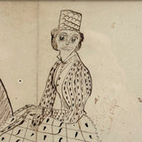 Very Exuberant Markmaking! Mid 19th Century Penwork Woman in Hat on Horse in Period Frame