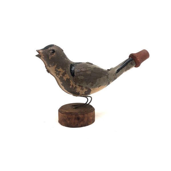 Antique Tin Bird Whistle in (Some) Original Paint with Old Wooden Base, Working