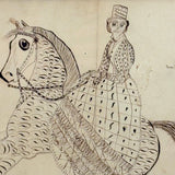 Very Exuberant Markmaking! Mid 19th Century Penwork Woman in Hat on Horse in Period Frame