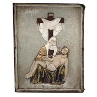 Mary and Jesus at the Cross, C. Early 20th Century Painted Plaster Relief on Wood