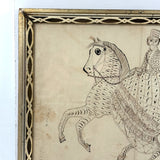 Very Exuberant Markmaking! Mid 19th Century Penwork Woman in Hat on Horse in Period Frame