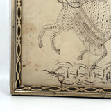 Very Exuberant Markmaking! Mid 19th Century Penwork Woman in Hat on Horse in Period Frame