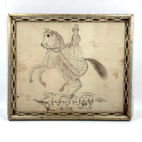 Very Exuberant Markmaking! Mid 19th Century Penwork Woman in Hat on Horse in Period Frame