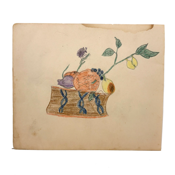 Wonderfully Awkward Still Life with Insect on Stem, House on Reverse, Henry Hinkel, 1913 Drawing , Lancaster NY