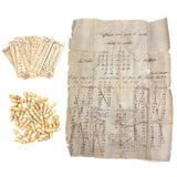 As Found: Lovely c. 1870s Set of Bone Game Pegs with Handwritten (in French) Solitaire Instructions and Score Cards