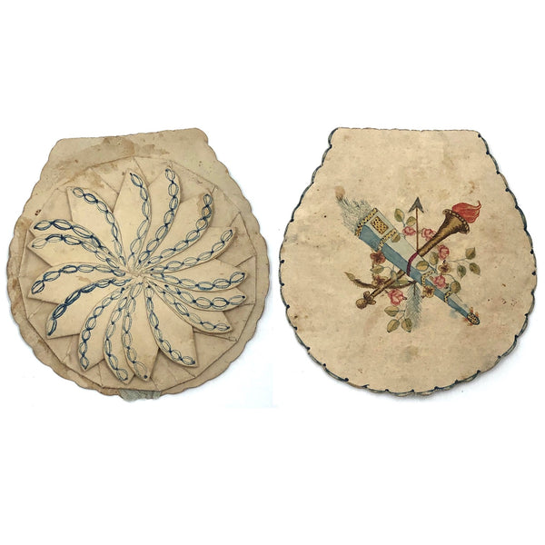 Early Folded Paper Valentine with Ink and Watercolor Torch and Quiver of Arrows