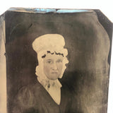 Side Glancing Woman in a Bonnet, 19th C. Sixth Plate Tintype of Folk Art Painting