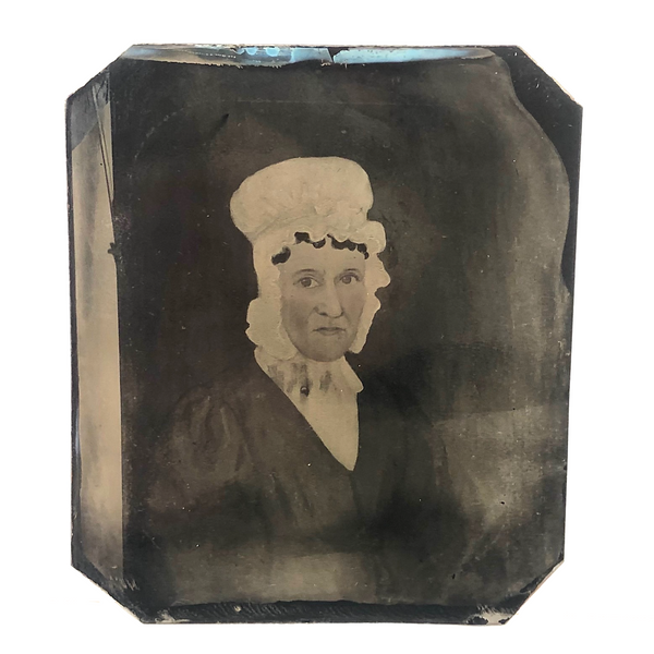 Side Glancing Woman in a Bonnet, 19th C. Sixth Plate Tintype of Folk Art Painting