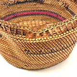 Antique Makah NW Coast Native Cedar Bark Basket with Birds and Boats (One Area of Damage)
