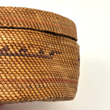 Antique Makah NW Coast Native Cedar Bark Basket with Birds and Boats (One Area of Damage)