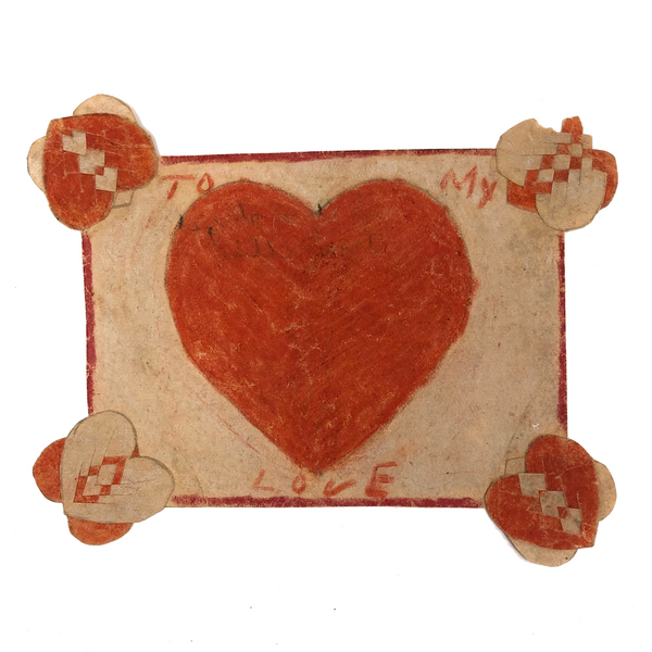 To My Love, Old Crayoned Valentine from Alice with Woven Paper Heart Corners