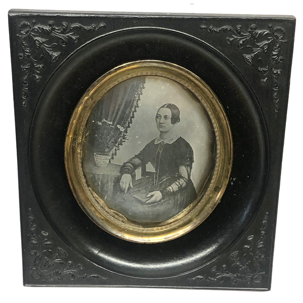 1850s Quarter Plate Daguerreotype of Woman Holding Union Case in Rare Hanging Gutta Percha Frame