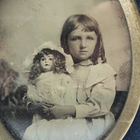 Lovely Girl and Her Lovely Doll, Antique Tintype Under Glass in Blue Velvet Frame