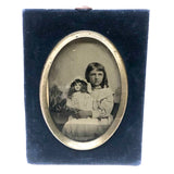 Lovely Girl and Her Lovely Doll, Antique Tintype Under Glass in Blue Velvet Frame