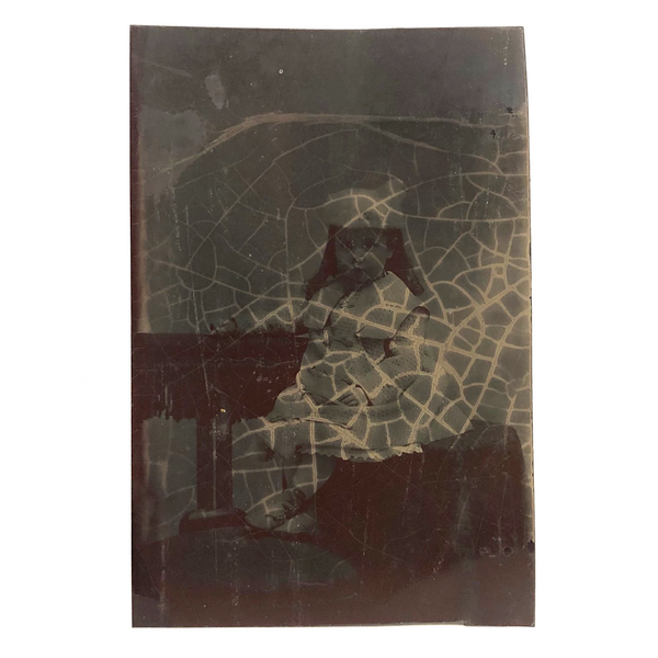 As Found, Eerie Antique Tintype Portrait of Girl Seated at Table