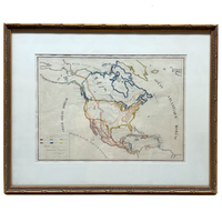Beautifully Executed, Large Ink and Watercolor Manuscript Map of North America, 1854, French Canadian
