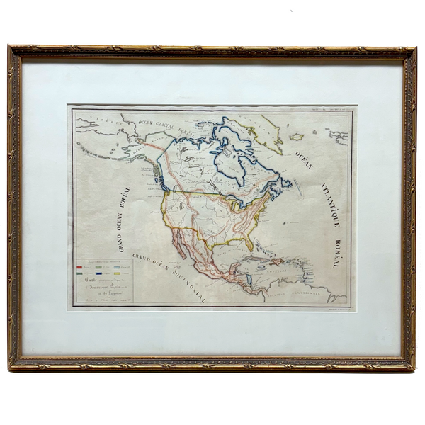 Beautifully Executed, Large Ink and Watercolor Manuscript Map of North America, 1854, French Canadian