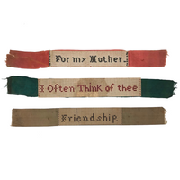 Three Early Punch Paper Embroidery Endearments on Ribbon (Sold Individually)