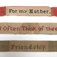 Three Early Punch Paper Embroidery Endearments on Ribbon (Sold Individually)
