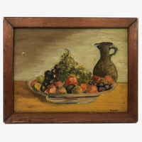 Pile of Fruit and Pitcher, c. 1930s-40s Folk Art Oil on Board Still Life