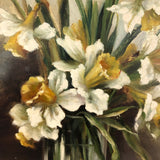SOLD Daffodils in Glass Jar, Earlyish 20th C. Signed Oil on Tin Painting