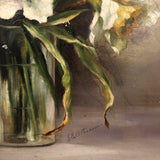 SOLD Daffodils in Glass Jar, Earlyish 20th C. Signed Oil on Tin Painting
