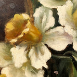 SOLD Daffodils in Glass Jar, Earlyish 20th C. Signed Oil on Tin Painting