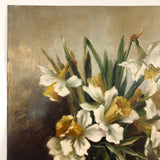 SOLD Daffodils in Glass Jar, Earlyish 20th C. Signed Oil on Tin Painting