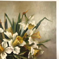 SOLD Daffodils in Glass Jar, Earlyish 20th C. Signed Oil on Tin Painting