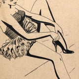 Bill Anthony Mid Century Ink Drawing: Updo, Tutu, and High Heels
