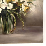 SOLD Daffodils in Glass Jar, Earlyish 20th C. Signed Oil on Tin Painting