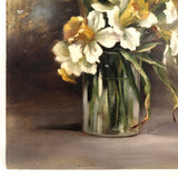SOLD Daffodils in Glass Jar, Earlyish 20th C. Signed Oil on Tin Painting