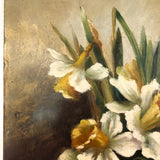 SOLD Daffodils in Glass Jar, Earlyish 20th C. Signed Oil on Tin Painting