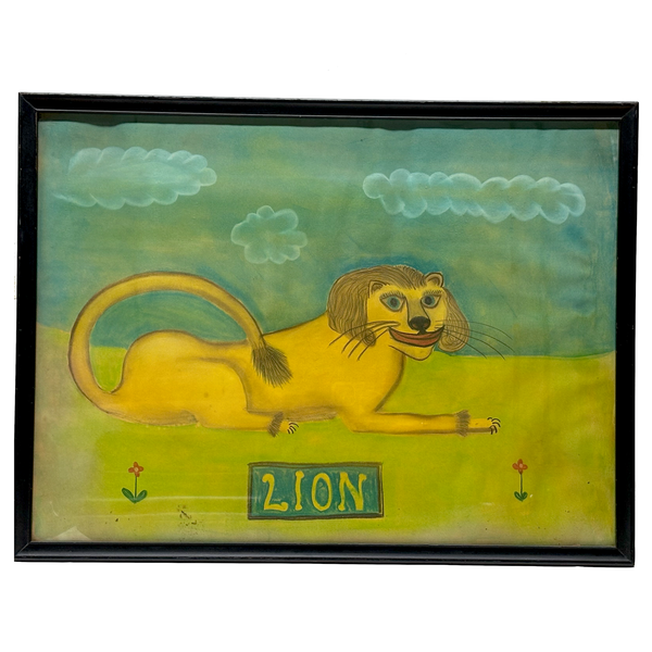 LION with Huge Red Lipped Smile, Marvelous Large Pastel on Paper Folk Drawing, Framed as Found