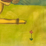 LION with Huge Red Lipped Smile, Marvelous Large Pastel on Paper Folk Drawing, Framed as Found