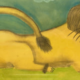 LION with Huge Red Lipped Smile, Marvelous Large Pastel on Paper Folk Drawing, Framed as Found