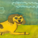 LION with Huge Red Lipped Smile, Marvelous Large Pastel on Paper Folk Drawing, Framed as Found